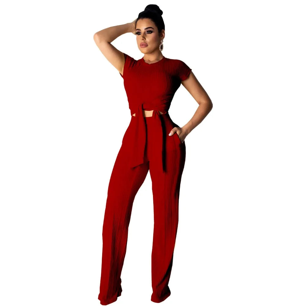 Women Bandage O-Neck Long Sleeve Crop Top Full Pants Tracksuits Two Pieces Set for Women Tops Pants 2 Piece Set Women'S Suit