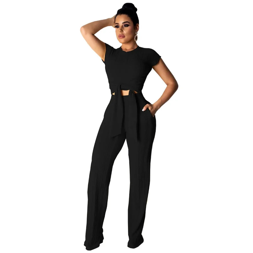 Women Bandage O-Neck Long Sleeve Crop Top Full Pants Tracksuits Two Pieces Set for Women Tops Pants 2 Piece Set Women'S Suit